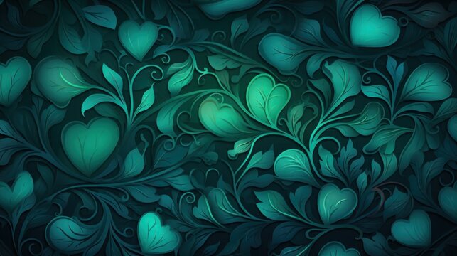 a painting of green leaves and hearts on a black background with a green glow on the left side of the image.