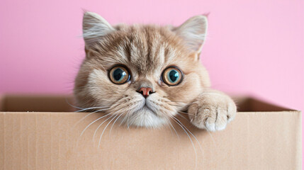 Exotic Shorthair cat peeking out of an imaginary box