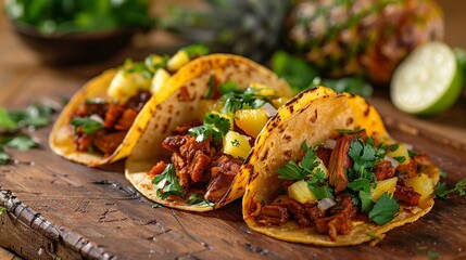 Vibrant Tacos Al Pastor on Rustic Table

