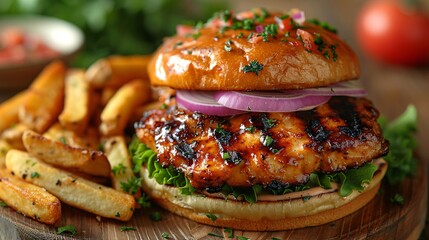 A delicious poultry sandwich served with crispy potato wedges.