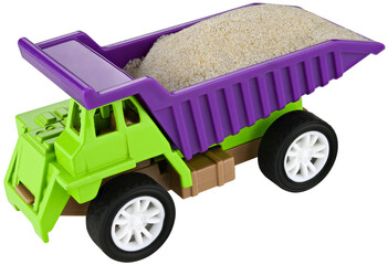Toy mining dump truck with sand isolated on a transparent background. Fully in focus.