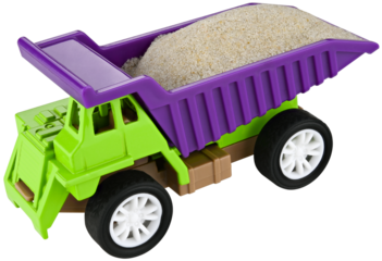 Toy mining dump truck with sand isolated on a transparent background. Fully in focus.