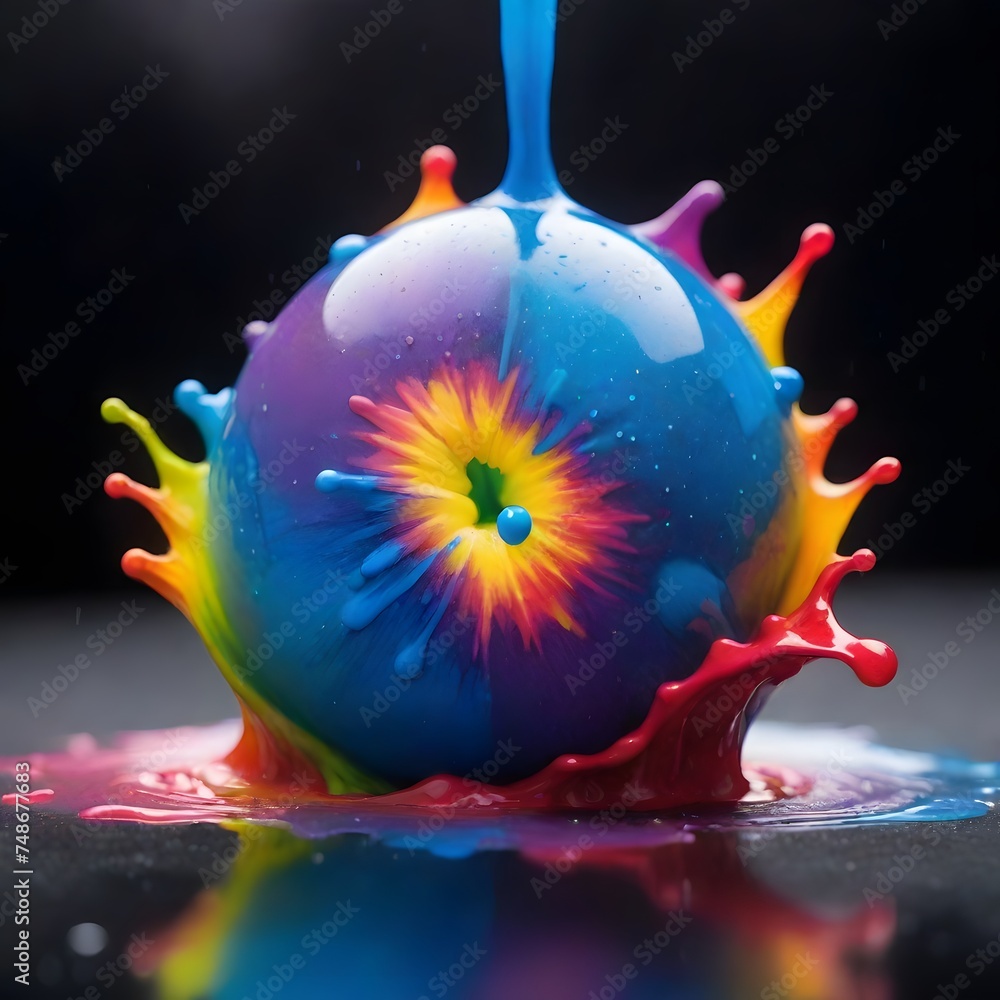 Poster a vibrant sphere explodes with a rainbow of paint splashes against a dark background. the dynamic co