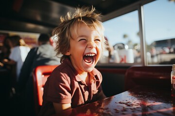 portrait of a happy child eating a slice of pizza in a pizzeria - obrazy, fototapety, plakaty