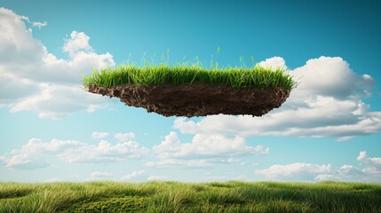 A hovering patch of land covered in lush green grass and soil, with a textured surface and open field, rendered in 3D and suspended in the sky with clouds.