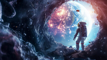 Astronaut cosmonaut discovery of new worlds of galaxies panorama, fantasy portal . Generative Ai