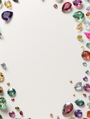 Fototapeta na wymiar Elegant Gemstone Border: Gems of Varied Sizes and Colors on a Blank A4 Page