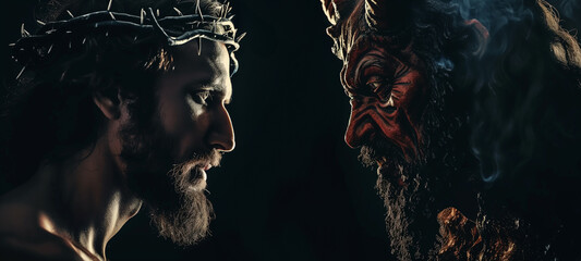 Jesus vs satan face off. Religious battle of good versus evil banner with Christ face to face with the devil - obrazy, fototapety, plakaty
