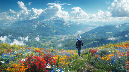 Adventurer Amidst Blooming Hilltop with Camera. An explorer with a camera in hand stands in awe on a flower-covered hilltop, overlooking a vast, cloud-kissed mountainous landscape.
