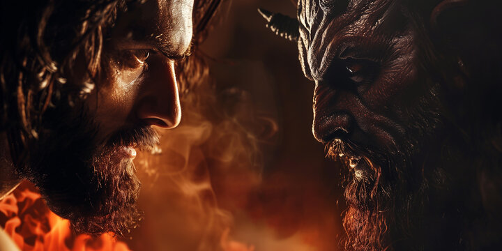 Jesus vs satan face off. Religious battle of good versus evil banner with Christ face to face with the devil