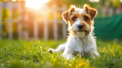 Wire Fox Terriers are playful and energetic dogs who love to run around in the garden on the green grass. - obrazy, fototapety, plakaty