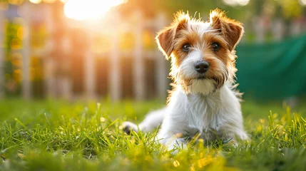 Foto op Aluminium Wire Fox Terriers are playful and energetic dogs who love to run around in the garden on the green grass. © Anthony