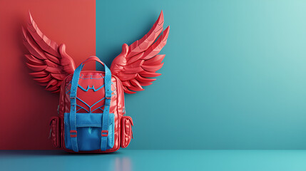 cool generic superhero style kids leather boys backpack with decorative wings in red and blue colors.  generative ai 