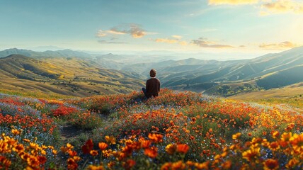 Person Overlooking Vast Valley of Wildflowers. A solitary figure sits atop a hill, taking in the breathtaking view of a wildflower-filled valley on a sunny day.

 - obrazy, fototapety, plakaty