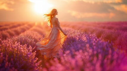 Woman Frolicking in Lavender Field at Sunset. A woman runs joyfully through a lush lavender field,...