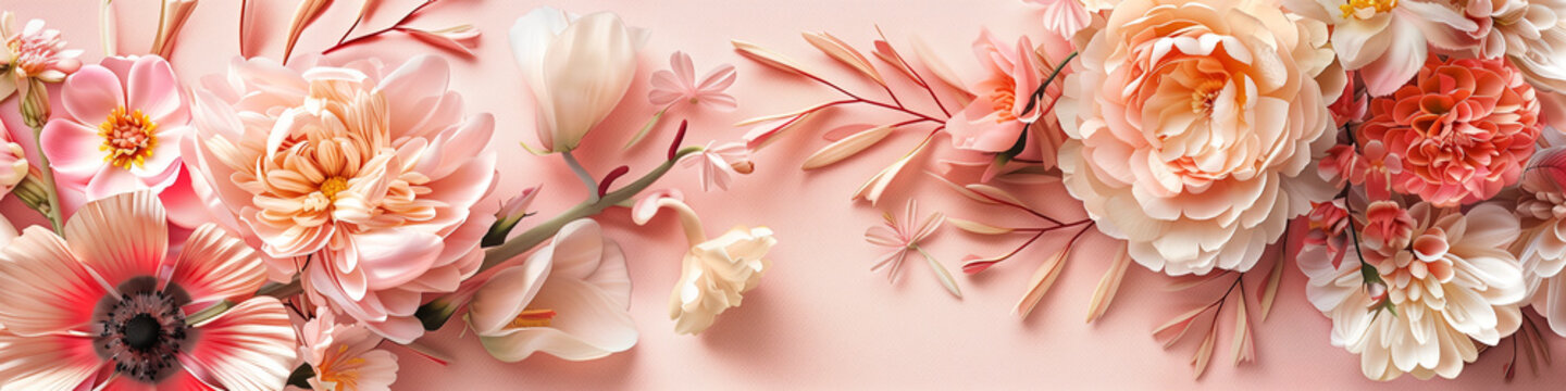 Fototapeta Elegant top view of mixed flowers in pastel tones, ideal for romantic occasions.
