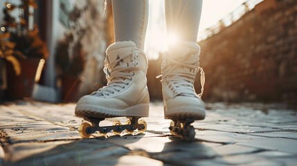 The young lady's legs adorned with rollerblades. - obrazy, fototapety, plakaty