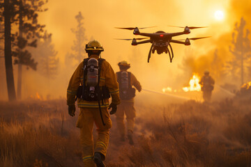 Firefighters with drones and thermal imaging cameras are helping to find new fires and rescue animals during fires. Forest fire problem, global warming. - obrazy, fototapety, plakaty