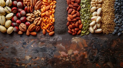 collection nuts and seeds background, healthy snacks for food.