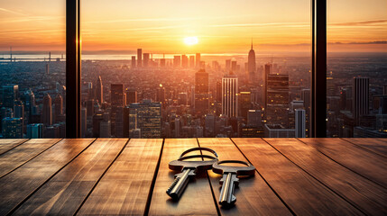A bundle of keys on a wooden surface with the sunset on the street created with Generative AI...