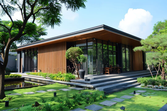 Modern small scale design style office building. Simple exterior and surrounding garden