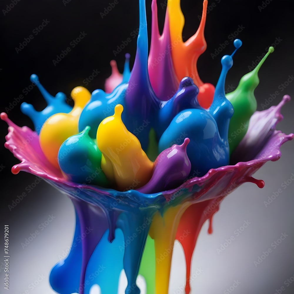 Poster a vibrant sphere explodes with a rainbow of paint splashes against a dark background. the dynamic co