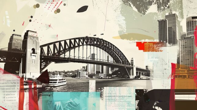 Abstract, minimalist watercolor picture illustration of Sydney Harbour Bridge. Ai generative.	