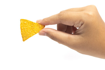 Hand holding crispy corn tortilla nachos chips isolated on white background clipping path