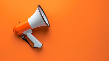 Fototapeta premium White megaphone on vibrant orange background for marketing or announcements.