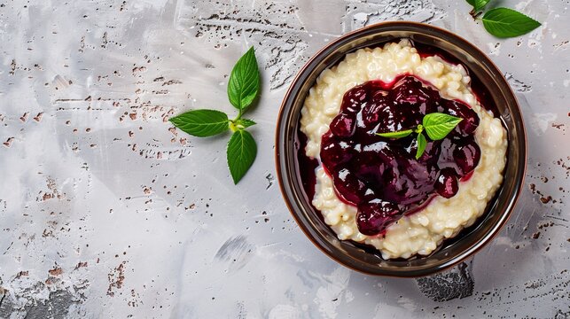 A Bowl Of Rice Pudding Or Porridge With Cherry Preserves On A Concrete Surface, Seen From Above With Room For Text.