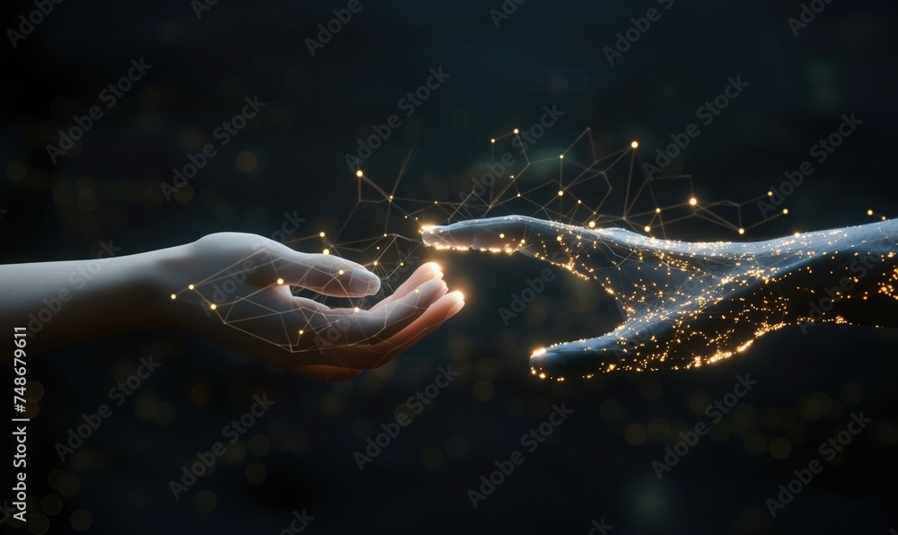 Poster glowing cyber hands of artificial intelligence and futuristic technology reaching out to each other 