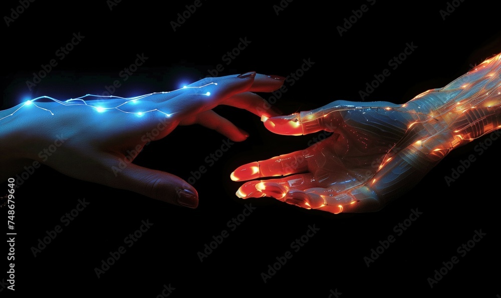 Poster glowing cyber hands of artificial intelligence and futuristic technology reaching out to each other 