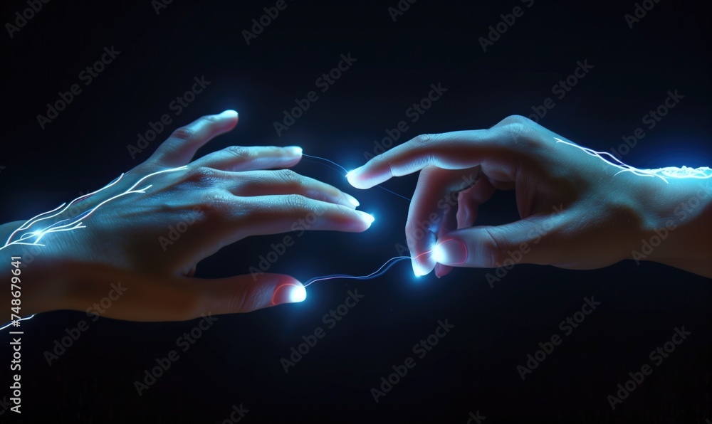Poster glowing cyber hands of artificial intelligence and futuristic technology reaching out to each other 