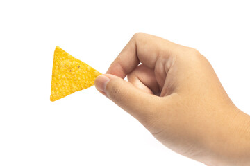 Hand holding crispy corn tortilla nachos chips isolated on white background clipping path