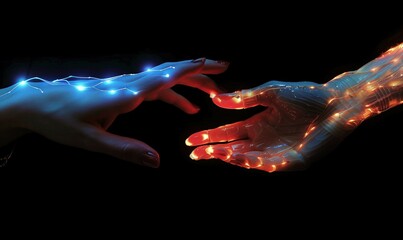 Glowing cyber hands of artificial intelligence and futuristic technology reaching out to each other as a symbol of robotic cyborg and human interaction