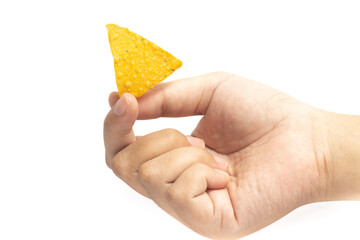 Hand holding crispy corn tortilla nachos chips isolated on white background clipping path