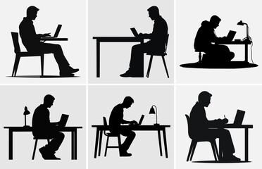 Business people working on laptop vector silhouette, Man working on laptop with office table desk.