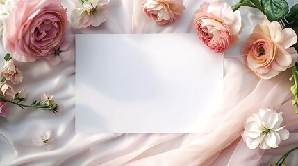 Close-up of blank card with elegant roses on silk fabric, ideal for romantic occasions.