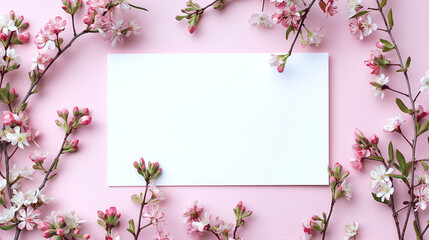 Top view of a blank card surrounded by cherry blossoms, ideal for springtime invitations.