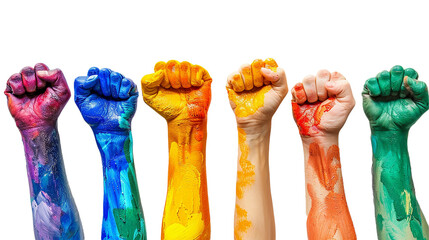 Fists raised in the air with rainbow colored paint. Gay pride day concept