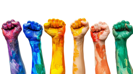 Fists raised in the air with rainbow colored paint. Gay pride day concept