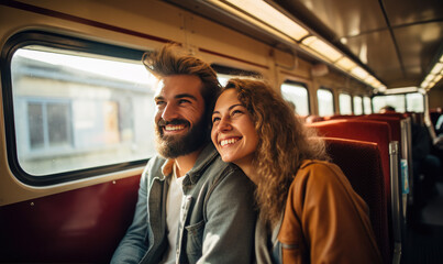 Happy young couple sitting in the train , traveling to their vacation by train.  Active lifestyle concept - obrazy, fototapety, plakaty