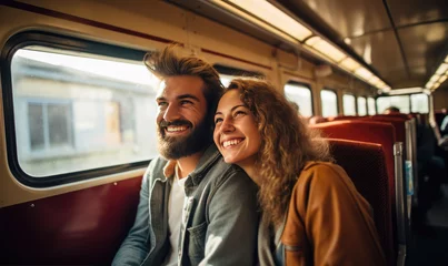 Foto op Canvas Happy young couple sitting in the train , traveling to their vacation by train.  Active lifestyle concept © Filip