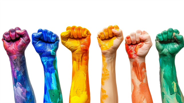 Fists raised in the air with rainbow colored paint. Gay pride day concept