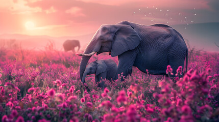 Cinematic photograph of elephant and baby in a field full of blooming flowers. Mother's Day. Pink...