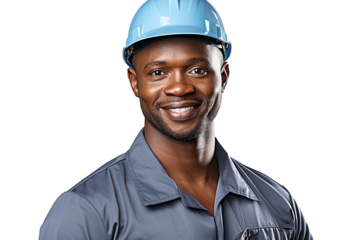 Portrait of an black constructor in helmet smiling isolated on transparent background. Cut ut
