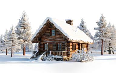 Arctic Hideaway Log Cabin Secluded in Snowy Forest Isolated on Transparent Background.