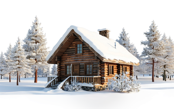 Arctic Hideaway Log Cabin Secluded in Snowy Forest Isolated on Transparent Background.