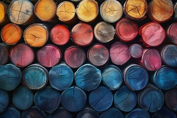 A gradient-colored backdrop of wooden logs.