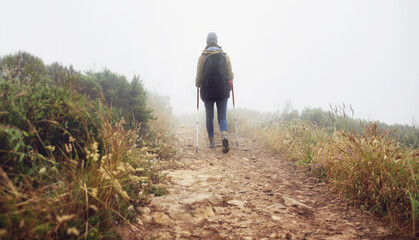 Person, hiking and back in field with trekking sticks, adventure and support for fog trail in...